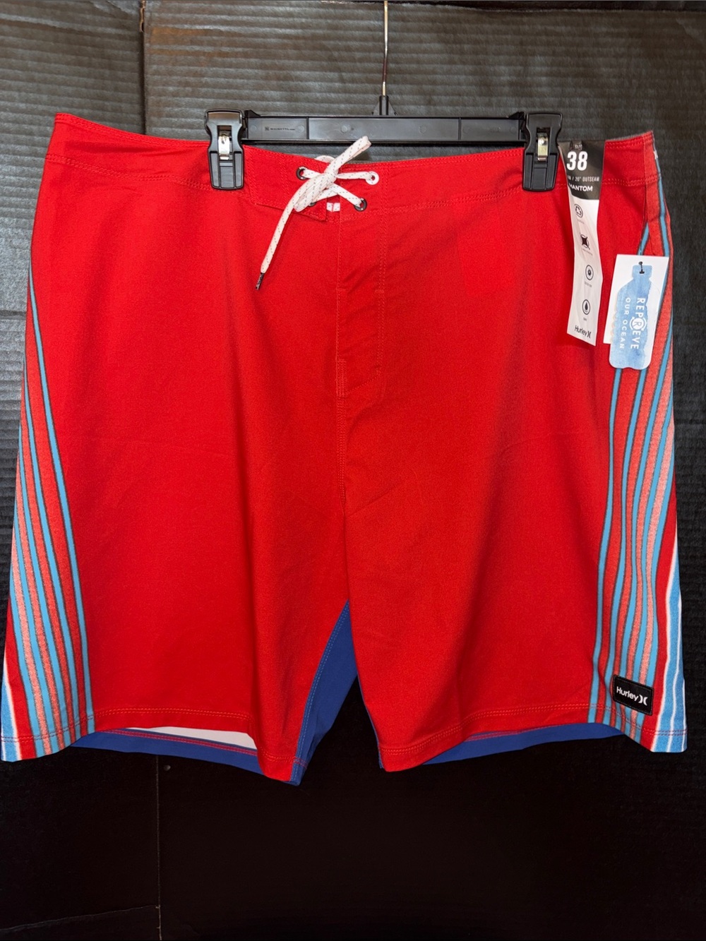 Hurley Red Boardshorts with Blue & White Side Stripes